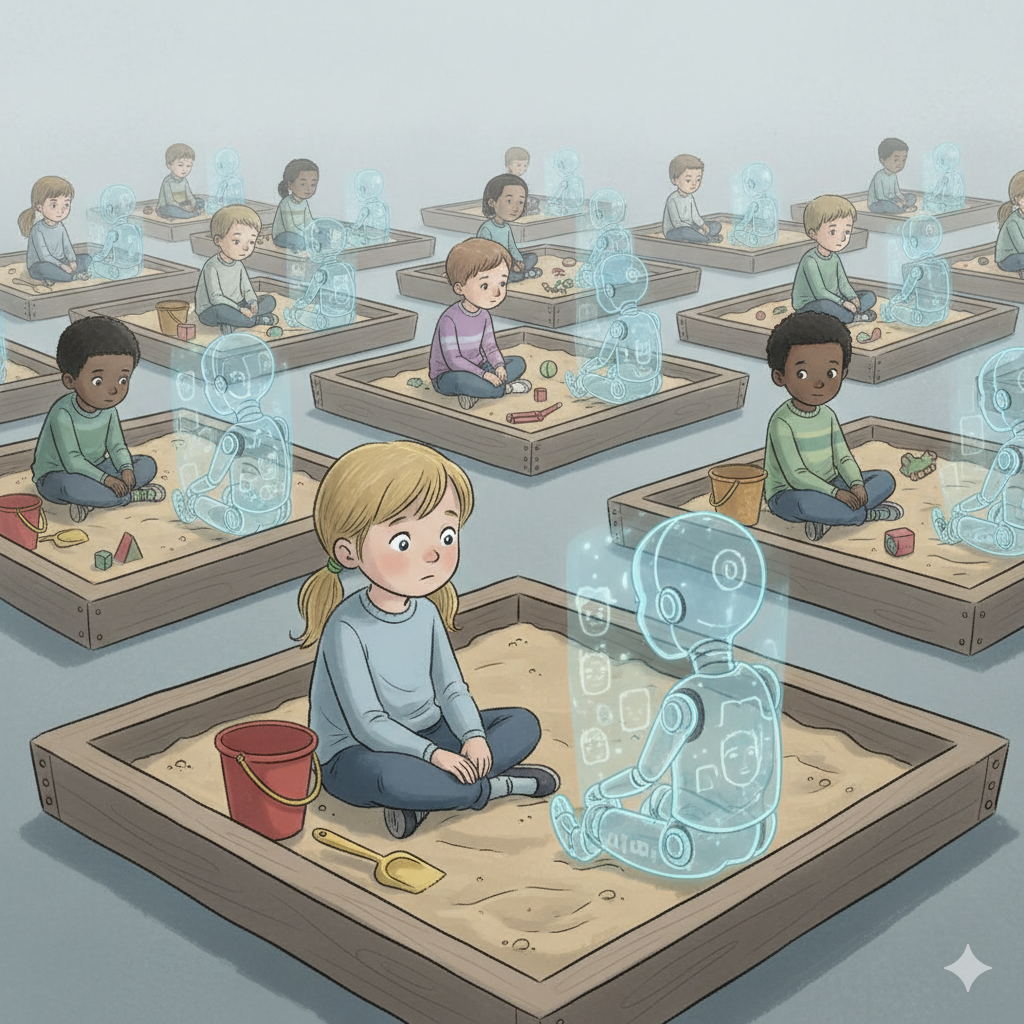 A child sitting alone in a sandbox, representing the importance of real-world play and human connection