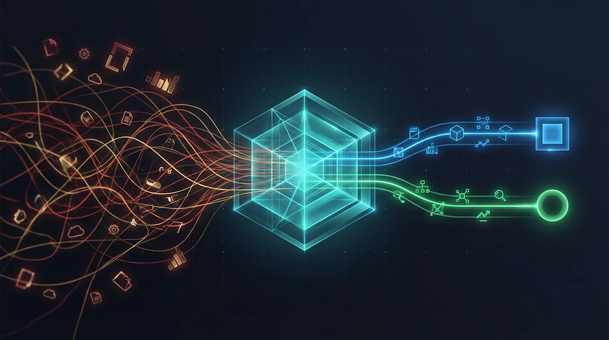 Glowing data foundation illustration showing messy inputs becoming structured analytics outputs