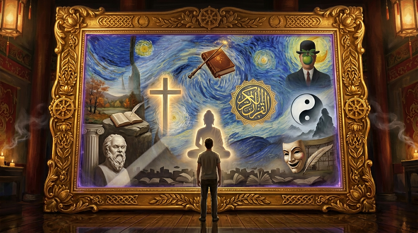 Painterly oil-on-canvas scene set inside an ornate East Asian Buddhist temple, with red-lacquered pillars, hanging paper lanterns, gold-leaf carvings, incense smoke, and a gilded sitting Buddha statue in a side altar. At the center stands a vast carved mirror whose surface, instead of reflecting the room, comes alive with a single luminous tapestry of human creative and spiritual history. One reference to each figure: Van Gogh's cobalt-and-gold starry swirls fill the sky; a Magritte bowler-hatted man with a floating green apple sits in the upper right; a radiant golden cross represents Jesus in the center-left; a single illuminated Arabic calligraphic medallion represents Muhammad in the center-right; a meditating Buddha silhouette glows in the lower center; a white marble bust of Socrates and a Greek column anchor the lower left; an Emerson-style New England autumn landscape with an open book and quill rests on a stone in the mid-left; a yin-yang symbol with a mountain hermit silhouette evokes Lao Tzu on the right; a Shakespearean mask paired with a quill and a faint Globe Theatre arch sits in the lower right; an ornate magic wand crossed with a leather-bound book trails golden sparks for J.K. Rowling at the top; and faint silhouettes of countless open books along the bottom edge represent the millions of other authors of the literary canon. In the foreground, a single small human figure stands with their back to the viewer, gazing up at the mirror in quiet awe. Subtle violet shimmer plays at the mirror's edge, hinting at its computational nature without depicting any literal AI imagery.