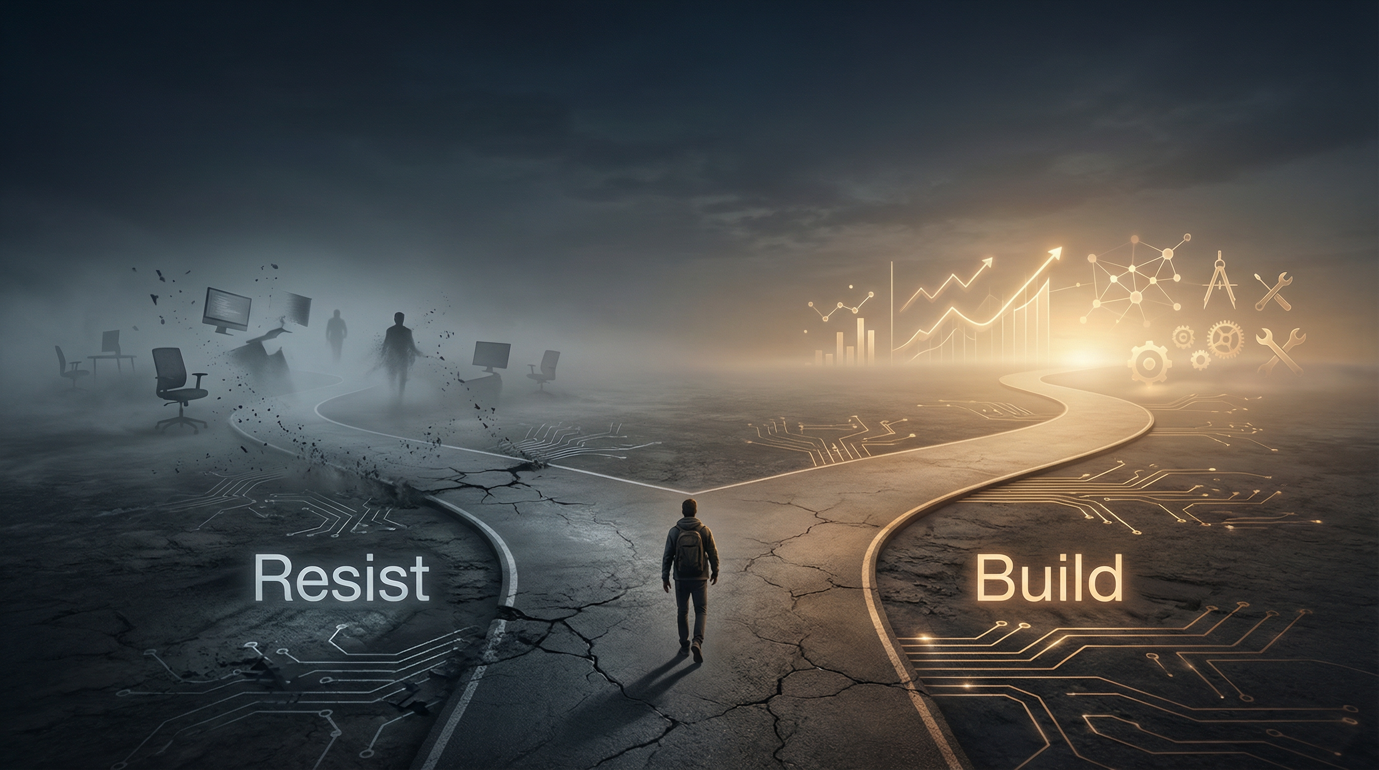 Two paths diverging: Resist fades into cold fog with dissolving offices, Build leads toward a warm glowing horizon. A lone figure walks forward toward Build.